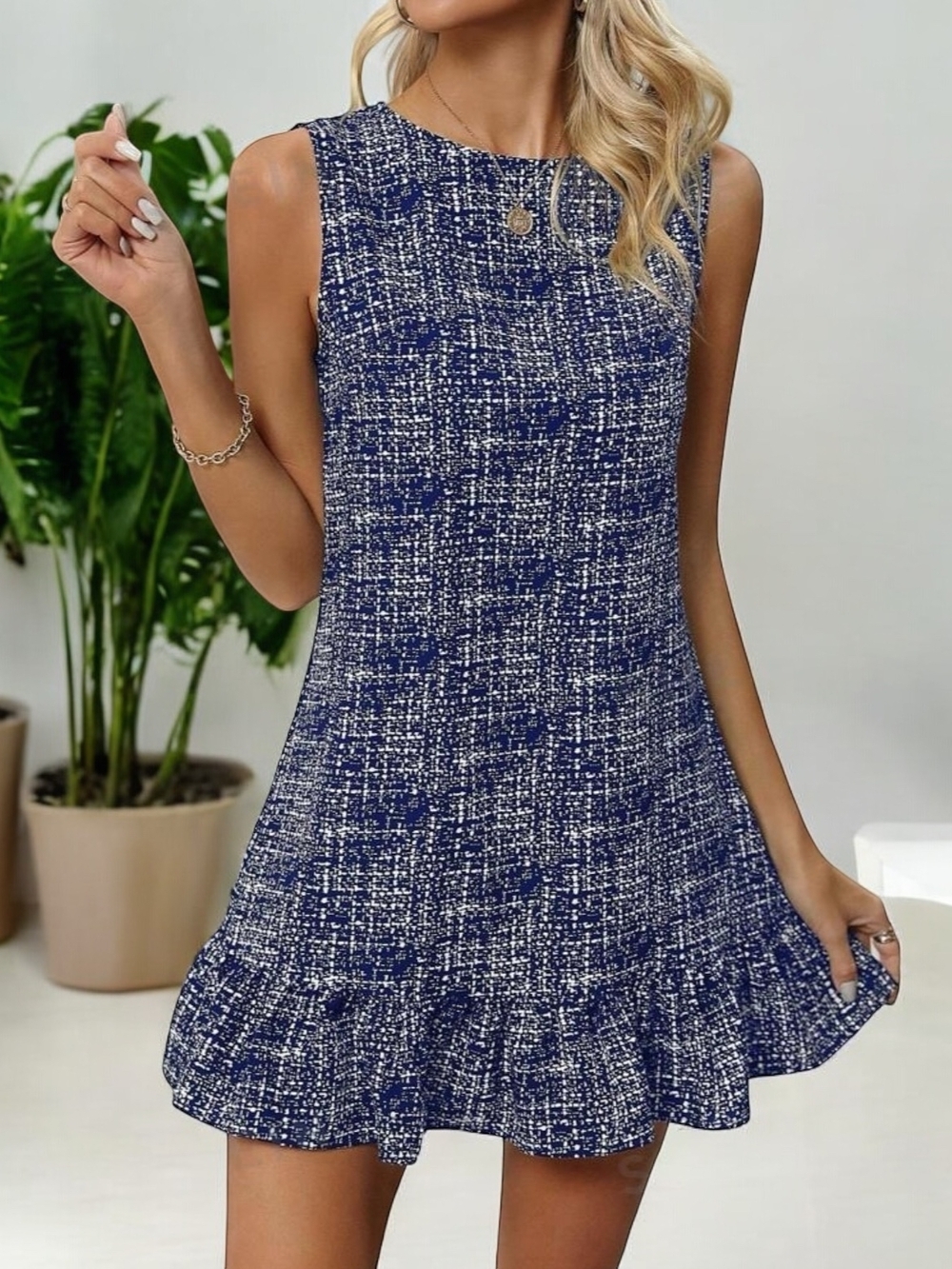 Sleeveless Navy Tweed Printed Fabric Ruffle Hem Dress